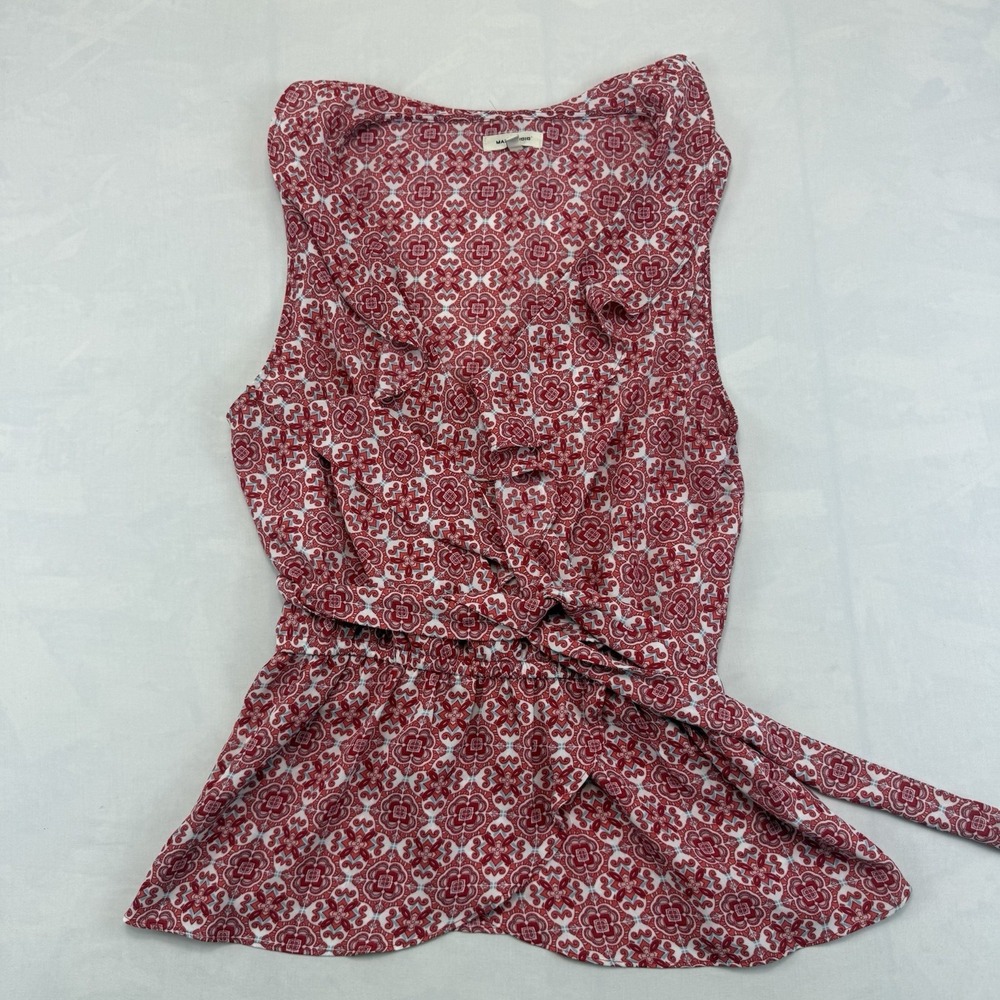 Max Studio Red White Geometric Print Wrap Top L Sleeveless Tie Waist Boho